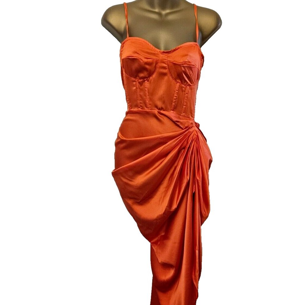Pretty Little Thing corset dress size 8 bright orange satin ruched skirt New - Picture 4 of 12